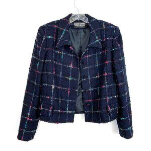Vintage Herbert Grossman Black Plaid Rainbow Short Tweed Blazer Sz 8-6